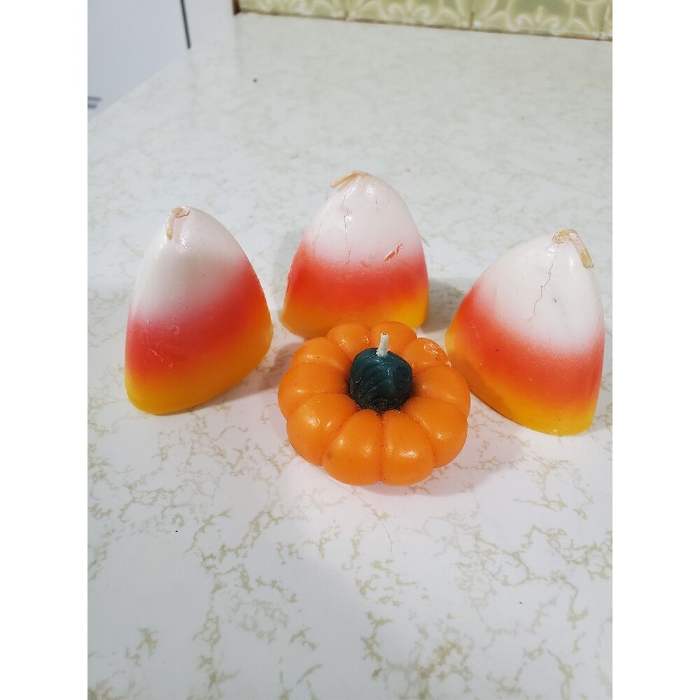 Halloween Candles 3 Candy Corns 1 Small Pumpkin Lot Mini Candles Vintage Style